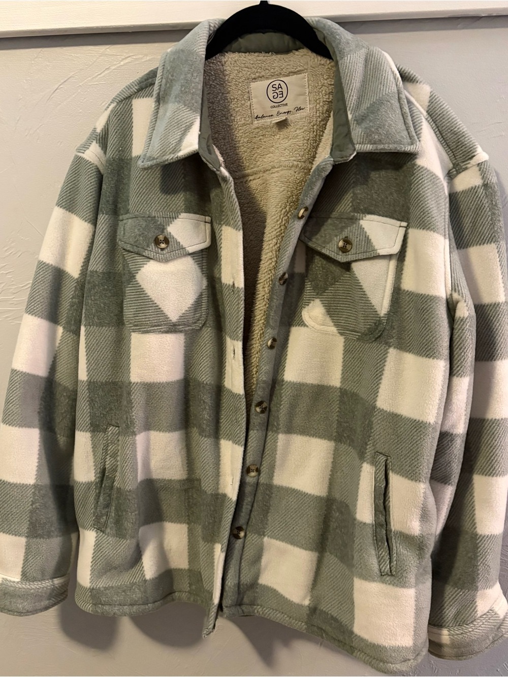 Sage collective Sage Green and White Plaid Sherpa-Lined Shirt Jacket